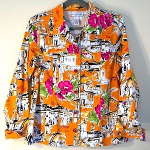 Susan Graver Denim style jacket jeweled buttons XS flowers European scenes